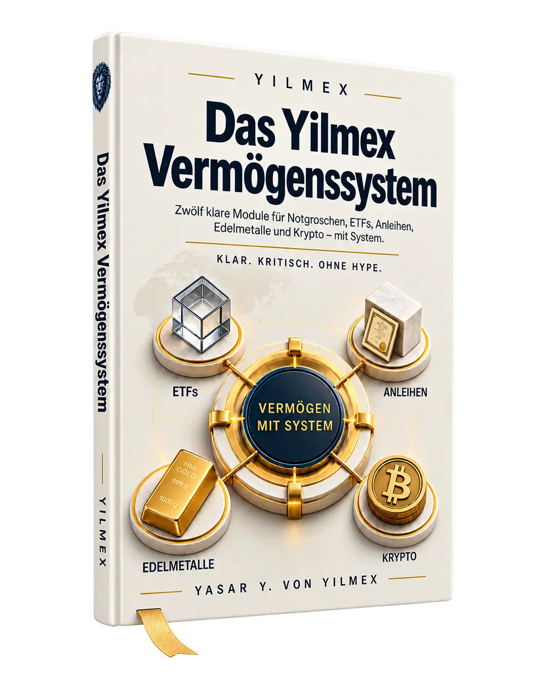 Das Yilmex Vermögenssystem – 3D-Buch-Mockup zu ETFs, Anleihen, Edelmetallen und Krypto