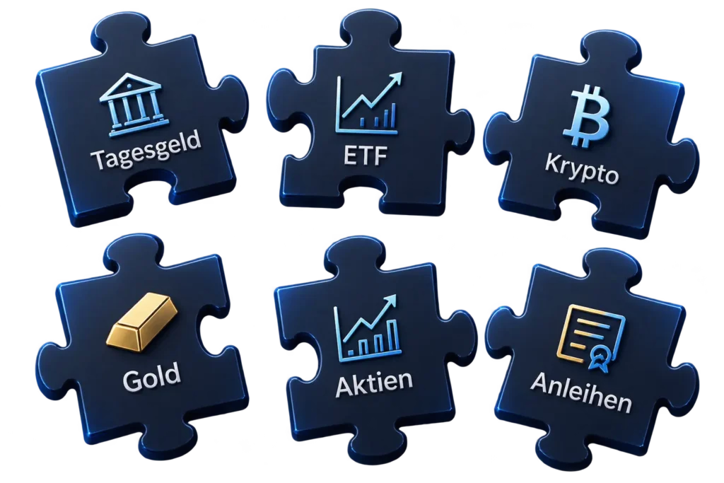 Finanzpuzzle mit Tagesgeld, ETF, Krypto, Gold, Aktien und Anleihen als einzelne Vermögensbausteine