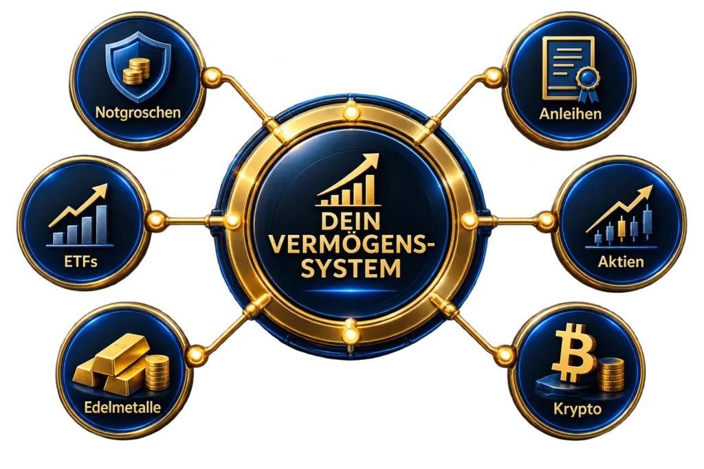 Yilmex Vermögenssystem mit verbundenen Bausteinen für Notgroschen, ETFs, Edelmetalle, Anleihen, Aktien und Krypto
